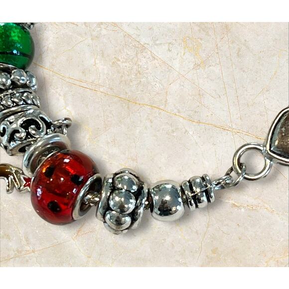 Silver-tone Christmas Charm Bracelet Holiday European Style Slider Glass Beads - Picture 6 of 11